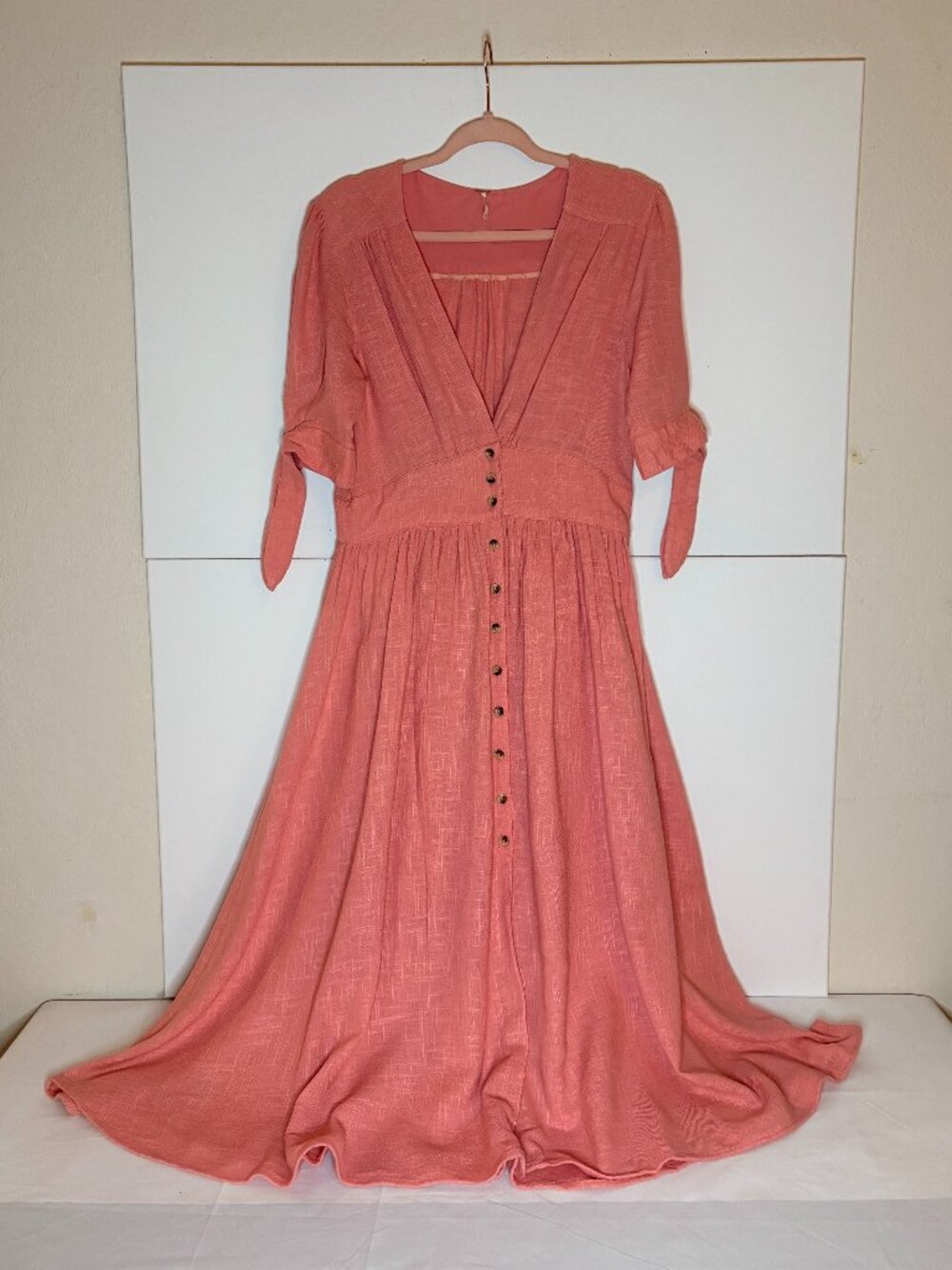 Women's Coral Button-Front Midi Dress